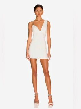 SUPERDOWN Revolve Eleanor Mini Dress Asymmetrical Straps White Summer Deep V Med